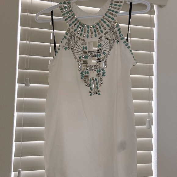 bebe Tops - Bebe White Tunic with Silver Beading & Turquoise Embellishments